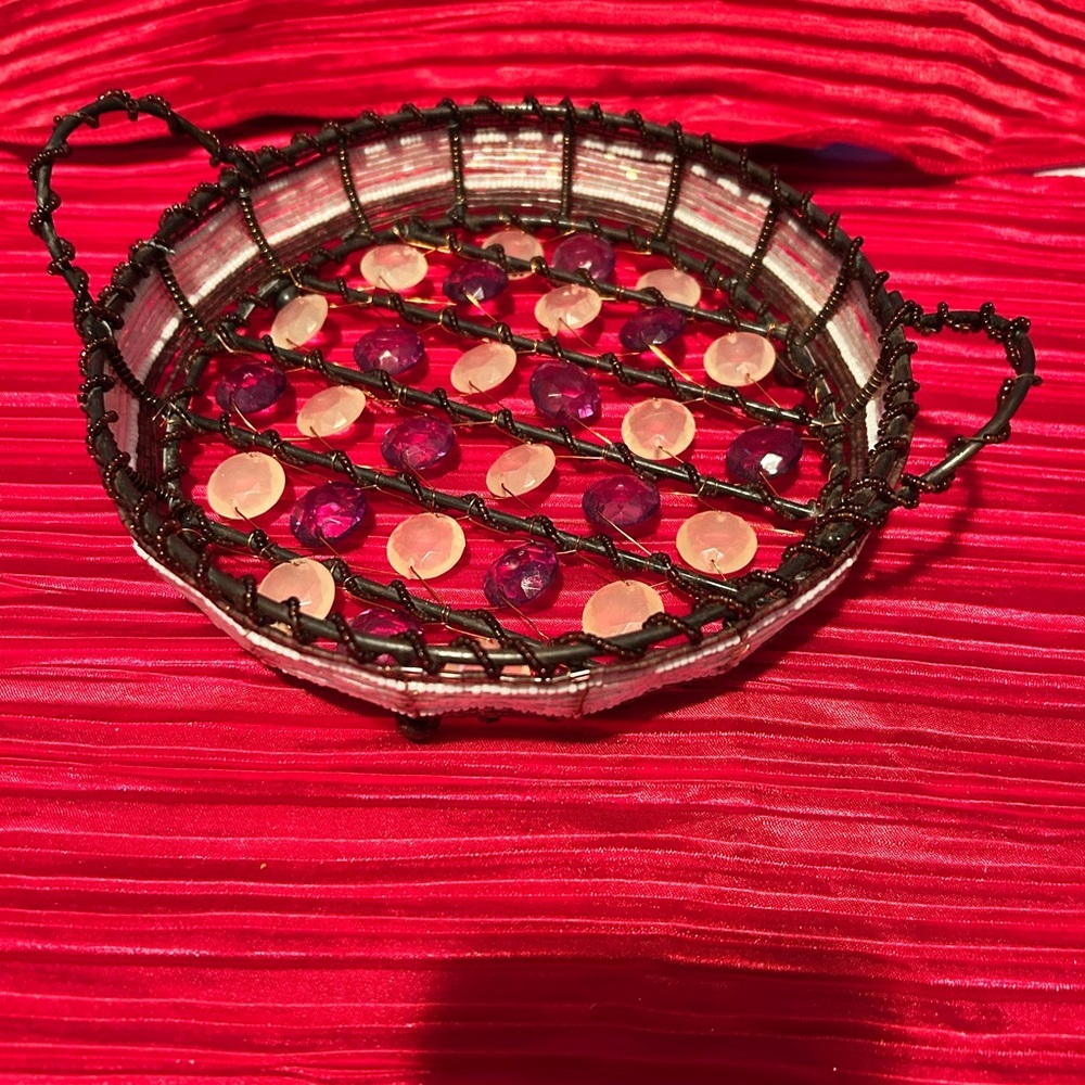Decorative Beaded Tray with Handles-plastic beads woven in between wire - used